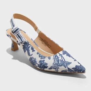 a new day White and Blue Floral Slingback Kitten Heels
